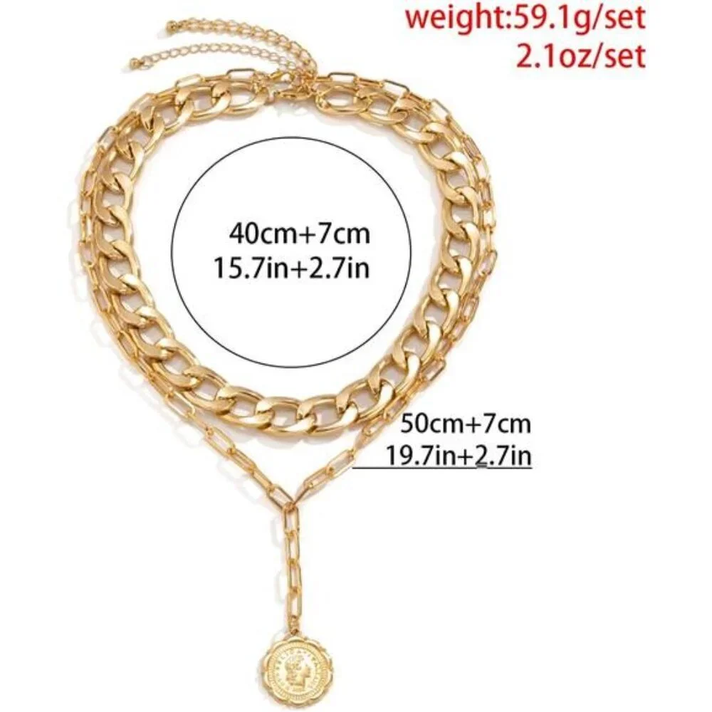Women Gold Boho Cuban Chunky Necklace Layered Paperclip Chain with Coin Pendant - Picture 6 of 7